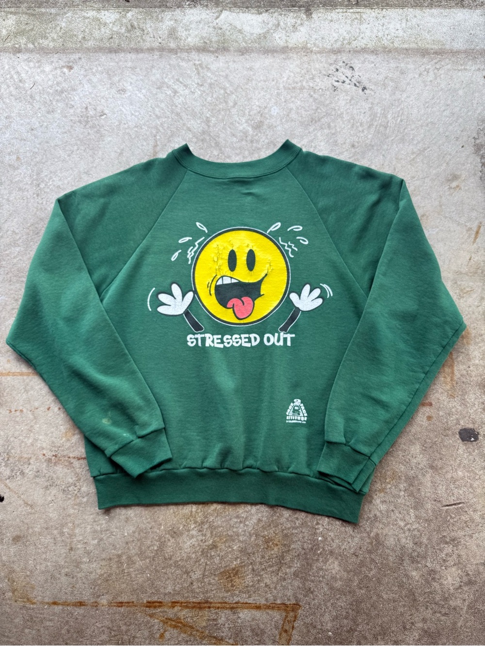 Vintage Stressed Out Green Graphic Crewneck Sweatshirt Smiley Face Forest Green
